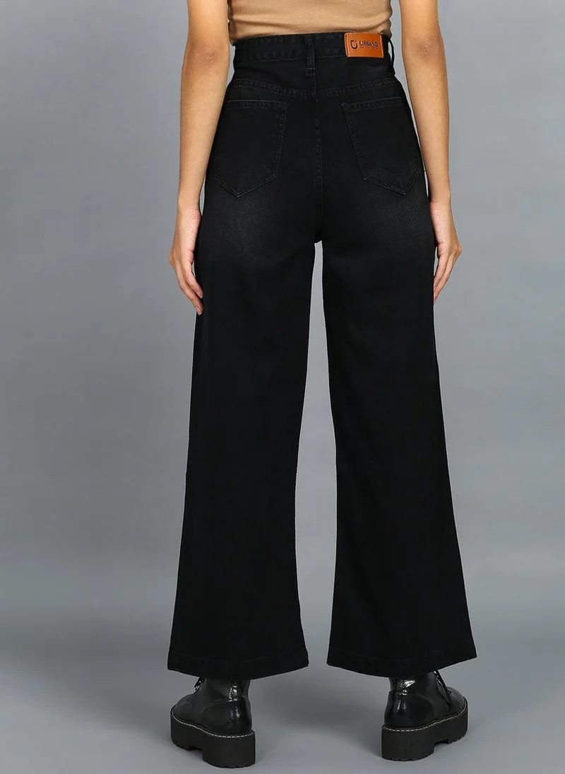 Urbano Fashion  Urbano Fashion Women's Black Regular Fit Wide Leg Washed Jeans for Women | Best Price UAE